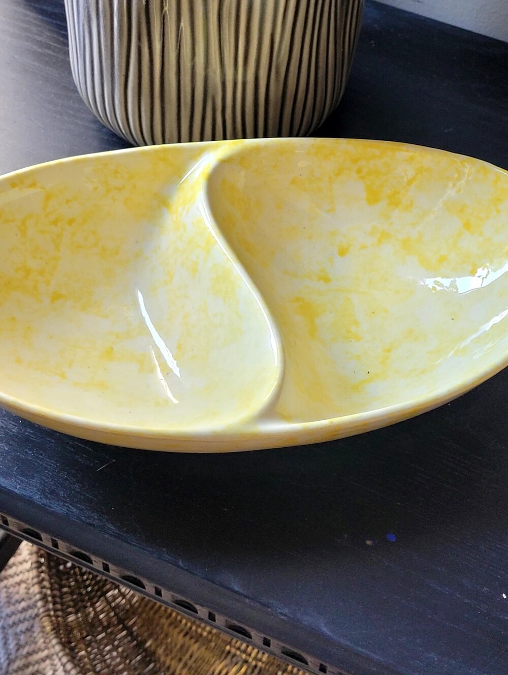 Yellow Marbled Divided Serving Bowl. Vintage Pottery.